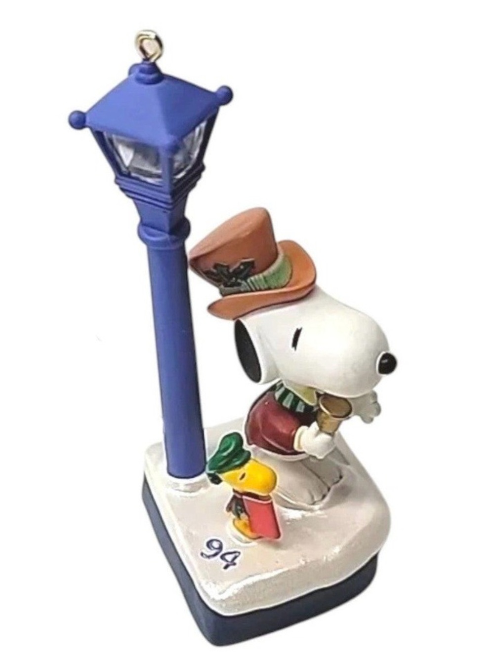 1994 Flickering light Hallmark Peanuts Snoopy & Woodstock Blue Lamppost Ornament